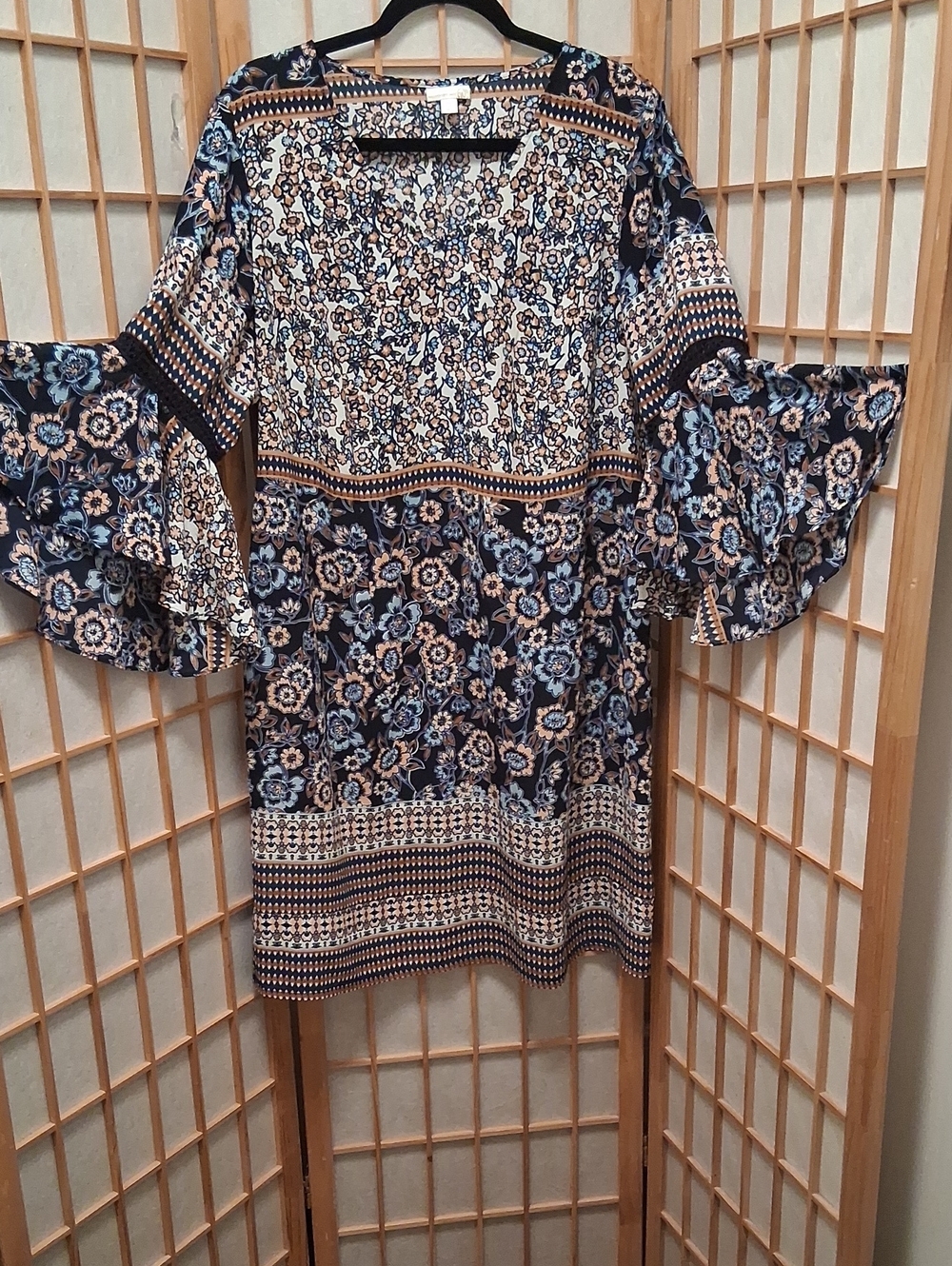Westport Navy and Cream Floral Bell-Sleeve Midi Dress